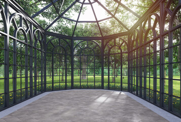 Modern classical style transparent house empty room interior with nature view 3d render, There are tile floor, glass walls with arch shape window  overlooking green garden, sunlight backlit into room.