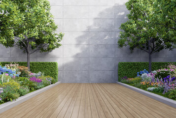 Empty exterior concrete wall for copy space with colorful flower garden 3d render, There are wooden floor sunlight on the wall