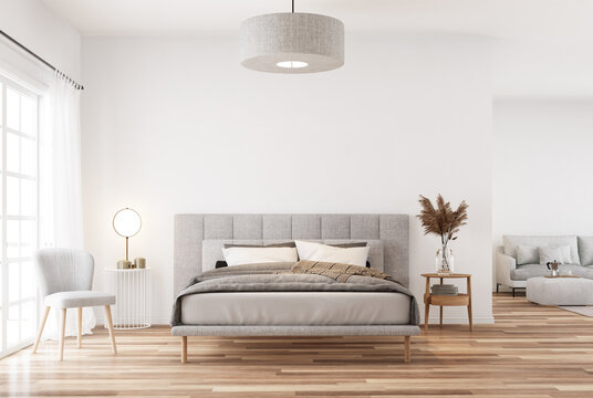Modern style white bedroom and living room3d render The room has a parquet floor decorated with light gray fabric furniture and translucent white curtains, natural light comes through the room.