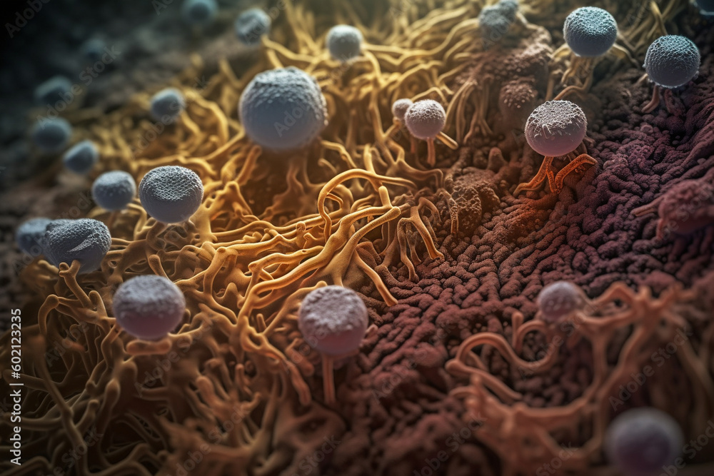 Poster a close-up of a colony of bacteria under a microscope, with intricate details visible, bacteria gene