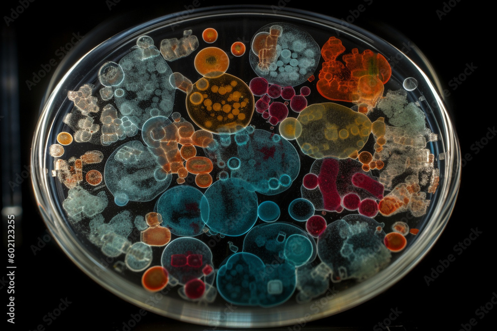 Poster a petri dish containing different strains of bacteria, arranged in a visually appealing pattern, bac