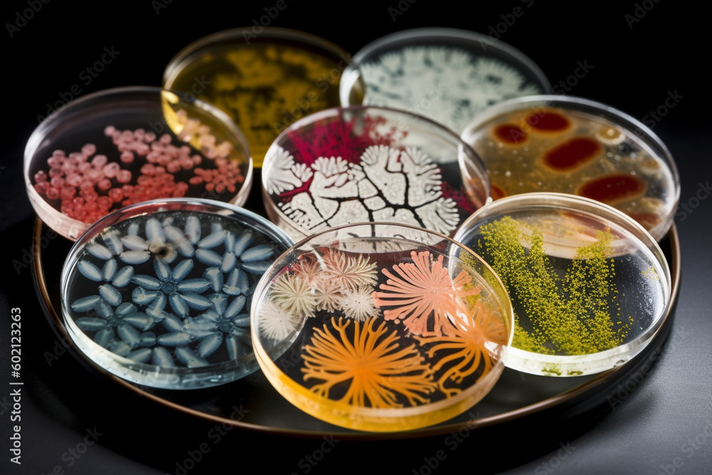 Poster a petri dish containing different strains of bacteria, arranged in a visually appealing pattern, bac