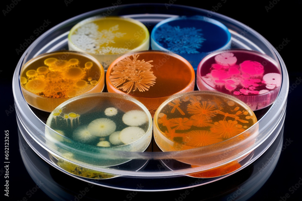 Poster a petri dish containing different strains of bacteria, arranged in a visually appealing pattern, bac