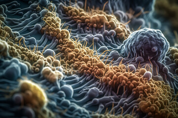 A close-up of a colony of bacteria under a microscope, with intricate details visible, bacteria Generative AI