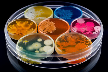 A petri dish containing different strains of bacteria, arranged in a visually appealing pattern, bacteria Generative AI