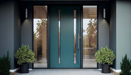 Wooden entrance door to modern white house with paving footpath and backside garden Generative AI
