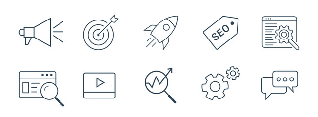 SEO and Development icon set. Search engine Optimization, business, marketing, target, ranking, contact, website, traffic line icon vector