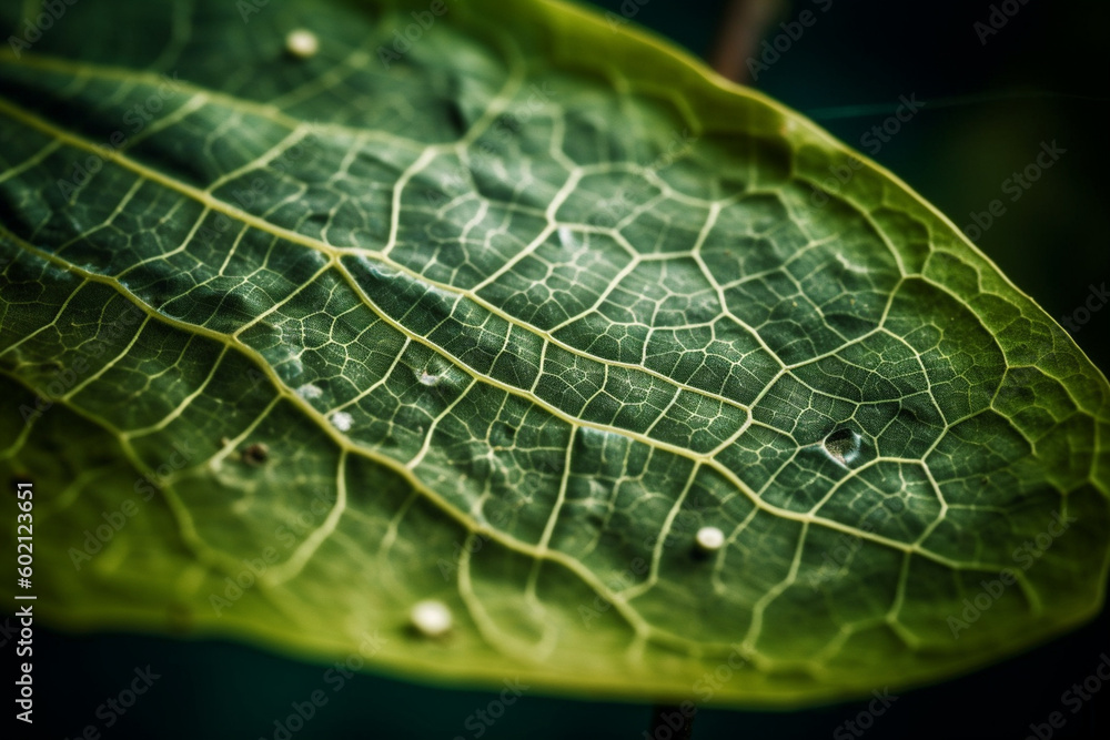 Poster a photo of bacteria on the surface of a leaf, with the veins and texture of the leaf visible in the 