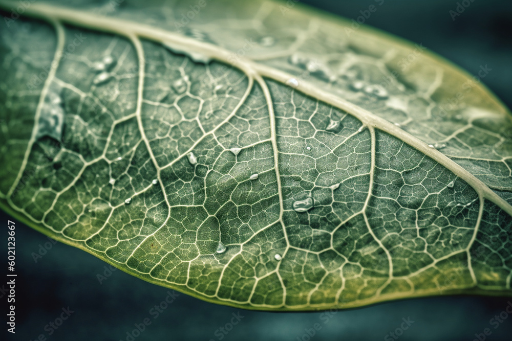 Poster a photo of bacteria on the surface of a leaf, with the veins and texture of the leaf visible in the 
