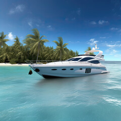 Luxury private motor yacht on tropical island on background. Generative AI