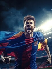 A soccer player celebrates wrapped in the team flag background soccer stadium with lights