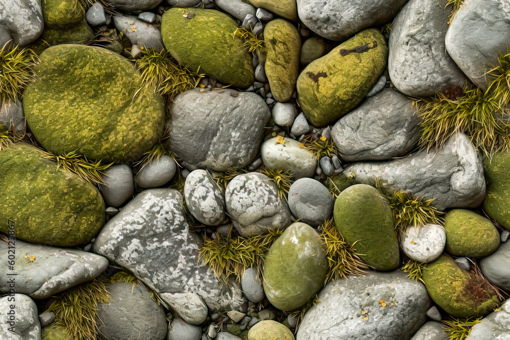 Poster tile. seamless pattern. green moss on stone background, computer digital drawing. generative ai