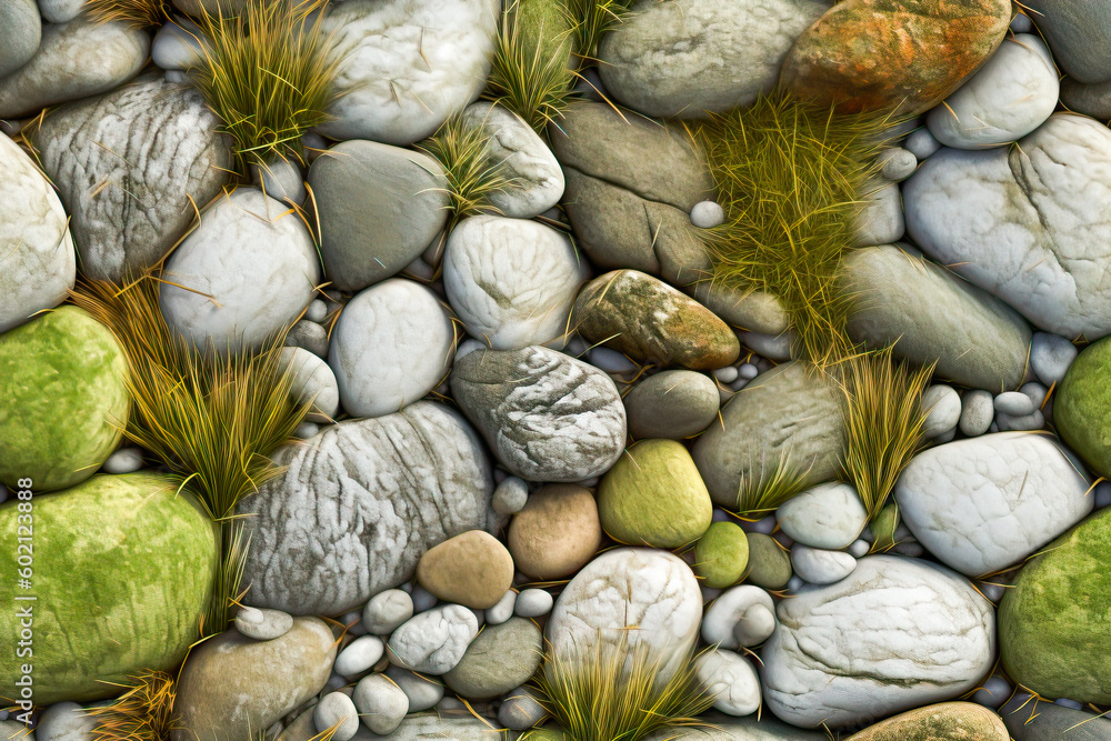 Poster tile. seamless pattern. green moss on stone background, computer digital drawing. generative ai