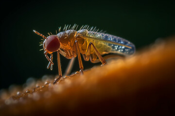 A macro photo of bacteria on a fly's leg, illustrating how microorganisms can hitchhike on insects, bacteria Generative AI