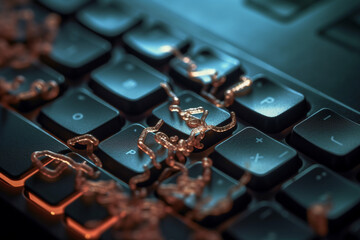 An image of bacteria on a computer keyboard, illustrating the importance of regular cleaning to prevent the spread of germs, bacteria Generative AI