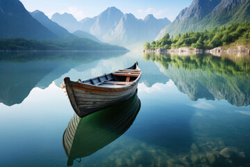 Obraz premium Wooden boat on the calm lake surrounded by majestic mountains, beautiful reflection in the water, Generative AI