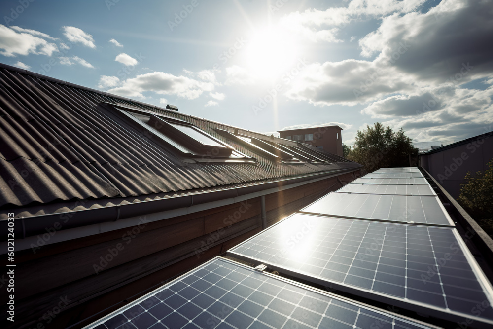 Wall mural Solar panels installed on the roof of a residential building in the city. Generative AI