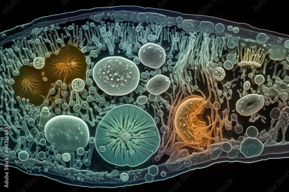 Poster a picture of bacteria on a microscope slide, with the intricate details and shapes of the microorgan