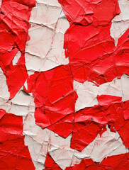 Old red peeling paper, creased a and worn pieces of paint and paper, in the style of vintage graphic design, poster, cracked. Generative Ai.