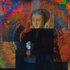 Queen with flower. Pop Modern Art dark digital collage using antique  art and textural layers. 