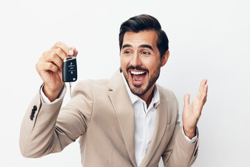 man holding business car key system smile auto service hand buy
