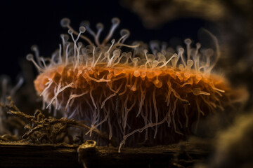 A photo of bacteria on the surface of a mushroom, highlighting the role of microorganisms in breaking down organic matter, bacteria Generative AI