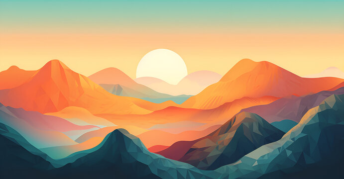 abstract image capturing the essence of a sunrise over a mountain range, with gradients of oranges and yellows against a light blue backdrop