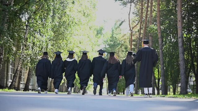 Rear view of a group of happy students in robes throwing academic caps into the air. Slow motion. 
