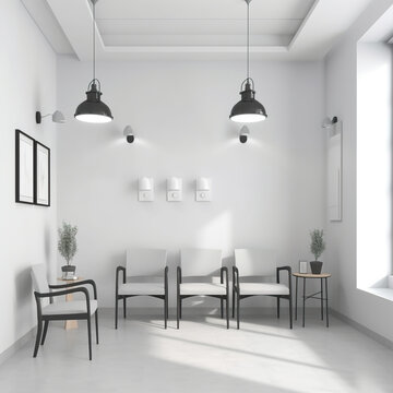 Empty white wall in modern public space. Waiting room interior with chairs. Doctor's office waiting room. 3D realistic illustration. Generative AI