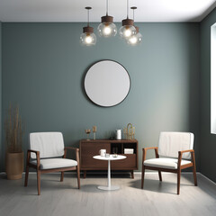 Empty white wall in modern public space. Waiting room interior with chairs. Nutritionist's office waiting room. 3D realistic illustration. Generative AI