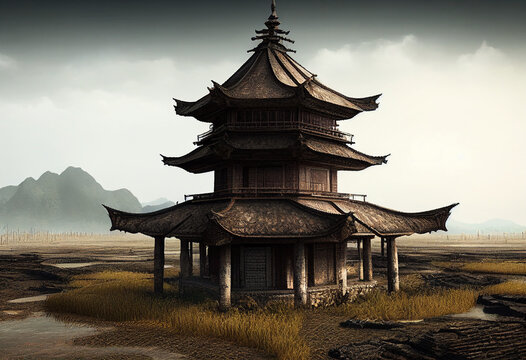 Pagoda overlooking drought ridden landscape - Generative Ai