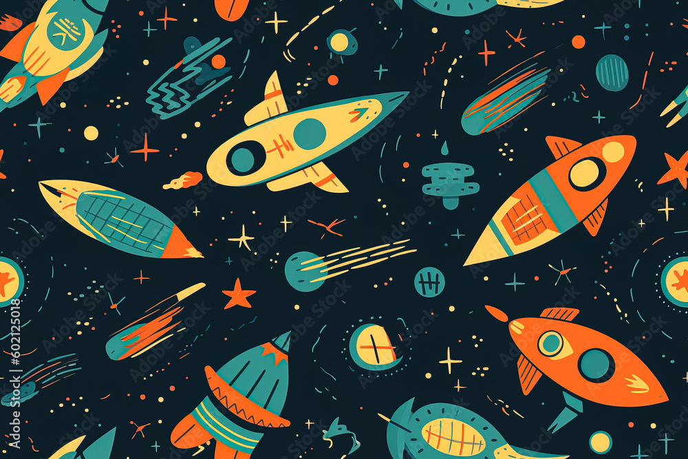 Poster tile. seamless pattern. space rockets and planets. generative ai