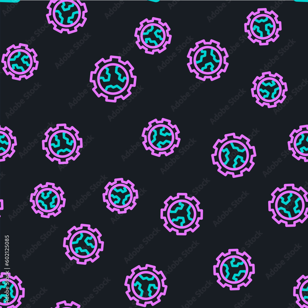 Poster line globe of the earth and gear or cog icon isolated seamless pattern on black background. setting 