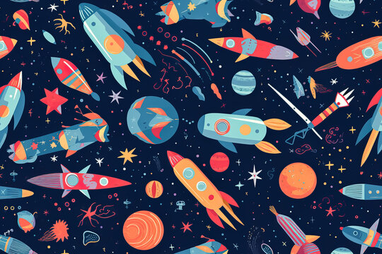 tile. Seamless pattern. space rockets and planets. Generative AI