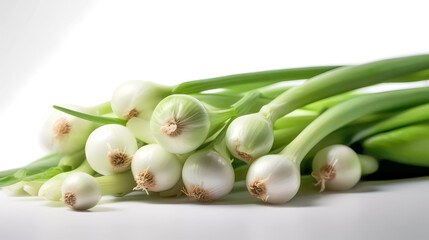 Isolated fresh green onion lying on a white glossy surface. Generative AI technology.