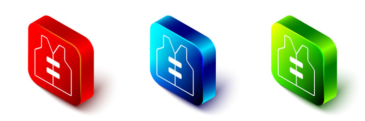Isometric Life jacket icon isolated on white background. Life vest icon. Extreme sport. Sport equipment. Red, blue and green square button. Vector