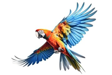 Fototapeta premium Colorful macaw flying isolated on white background,Generative, AI, Illustration.