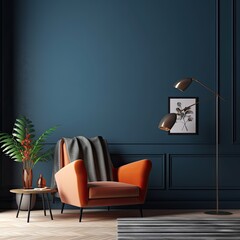 Interior design of living room with armchair on empty blue wall background,Empty living room with sofa.,Generative, AI, Illustration.