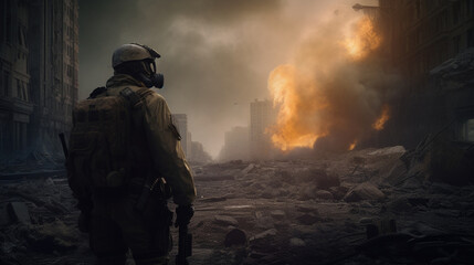 Naklejka premium Soldier in the middle of a war in an apocalyptic city. Image generated by AI.