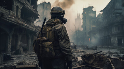 Soldier in the middle of a war in an apocalyptic city. Image generated by AI.