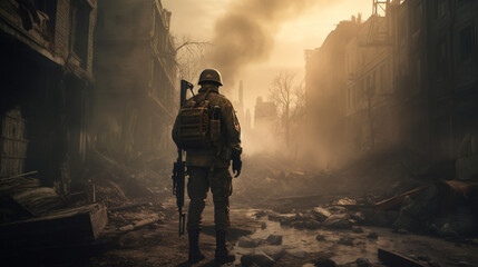 Fototapeta na wymiar Soldier in the middle of a war in an apocalyptic city. Image generated by AI.