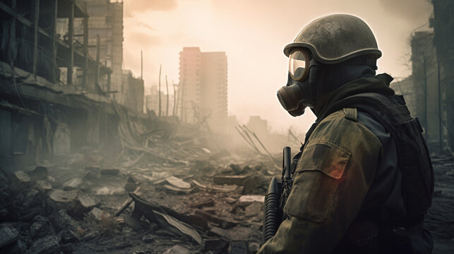 Soldier in the middle of a war in an apocalyptic city. Image generated by AI.