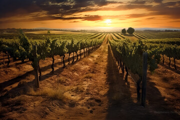 Fototapeta premium Wine vineyard with grapes and sunset in the background, oak and wine vines in autumn. Generative Ai. 