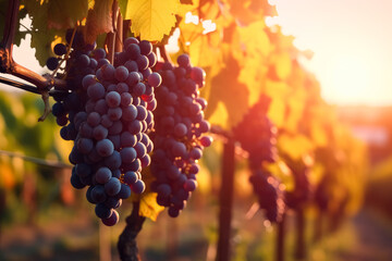 Wine vineyard with grapes and sunset in the background, oak and wine vines in autumn. Generative Ai.
