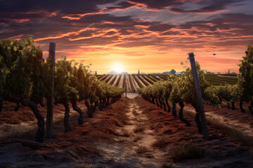 Wine vineyard with grapes and sunset in the background, oak and wine vines in autumn. Generative Ai.

