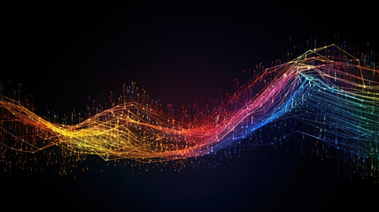 Digital flowing particle wave technology banner. Generative ai