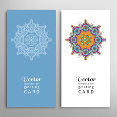 Cards or Invitations set with tribal ethnic mandala ornament, doodle floral geometric pattern for wedding, bridal, Valentine's day, greeting card or birthday invitation. Decorative colorful background