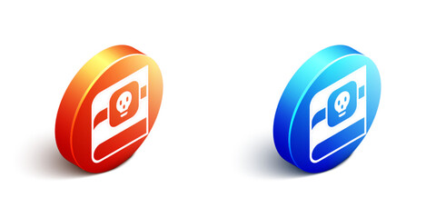 Obraz premium Isometric Book about poisons with skull icon isolated on white background. Danger sign, symbol of death. Orange and blue circle button. Vector