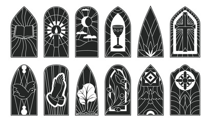 Fototapeta Stained glass vector black icon set . Collection vector illustration window church on white background. Isolated black icon set stained glass for web design. obraz