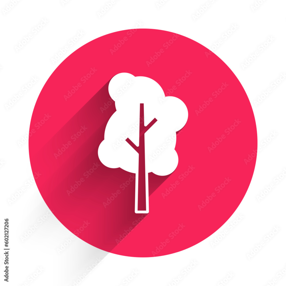 Poster white tree icon isolated with long shadow background. forest symbol. red circle button. vector